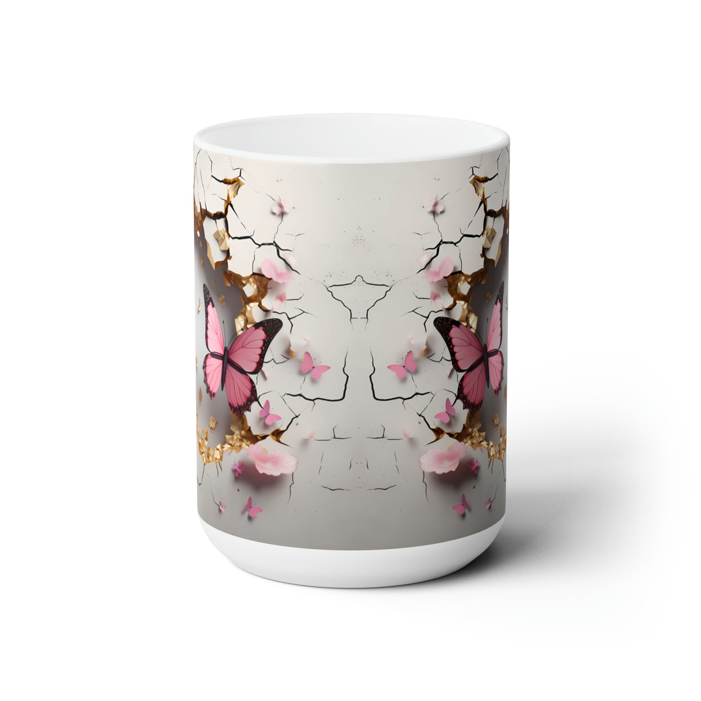 3D Crack In A Wall Pink Butterfly, Butterfly coffee mug, Mug design, Mug wrap, 3D mug wrap, butterfly mug, Ceramic Mug 15oz