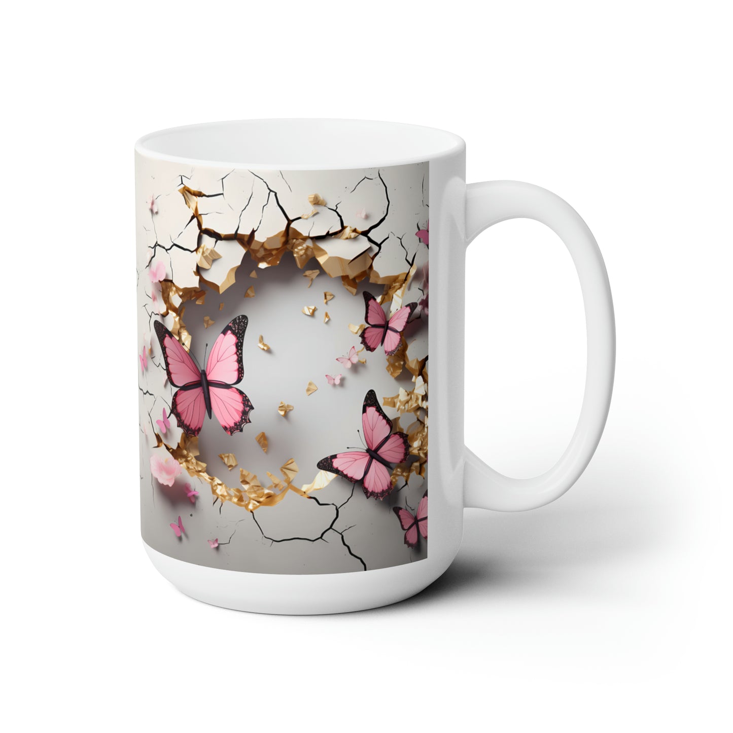 3D Crack In A Wall Pink Butterfly, Butterfly coffee mug, Mug design, Mug wrap, 3D mug wrap, butterfly mug, Ceramic Mug 15oz