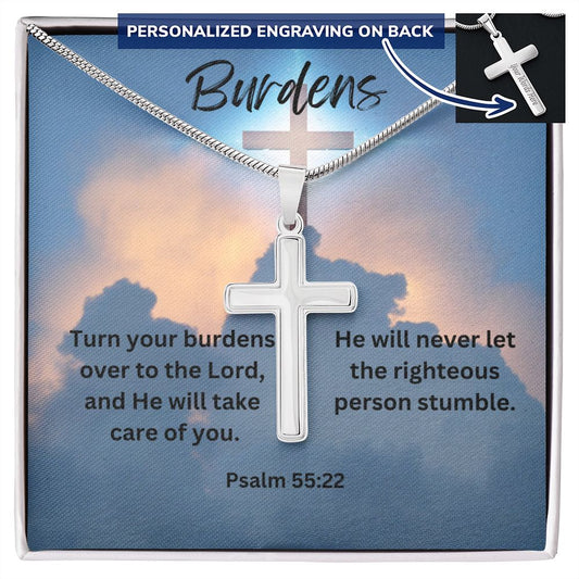 Burdens. Personalized Stainless Steel Cross Necklace, Encouragement Gift, Inspirational Gift, Sobriety Recovery, Breast Cancer, Birthday Gift