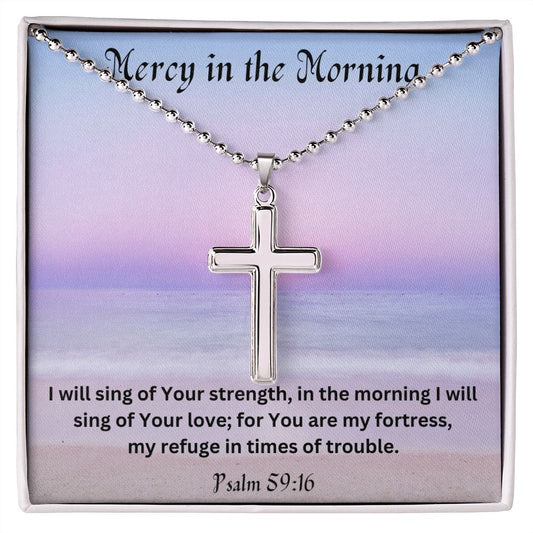 Mercy in the Morning Personalized Stainless Steel Cross Necklace, Encouragement Gift, Inspirational Gift, Sobriety Recovery, Breast Cancer