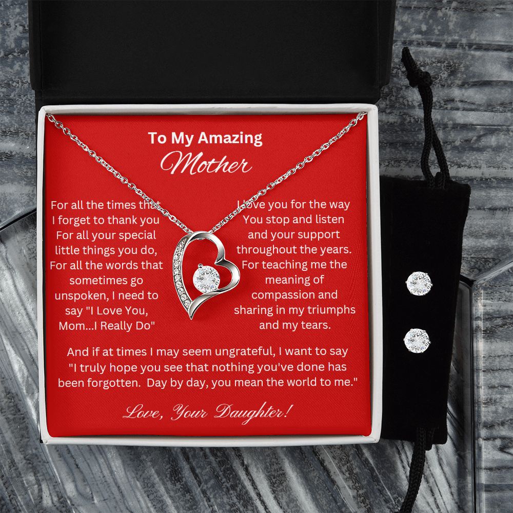 Forever Love Necklace and Cubic Zirconia Earring Set For An Amazing Mom From Daughter, Mother's Day Gift, Christmas Gift, Birthday Gift, Just Because Gift, Mother Necklace, Mother Pendant