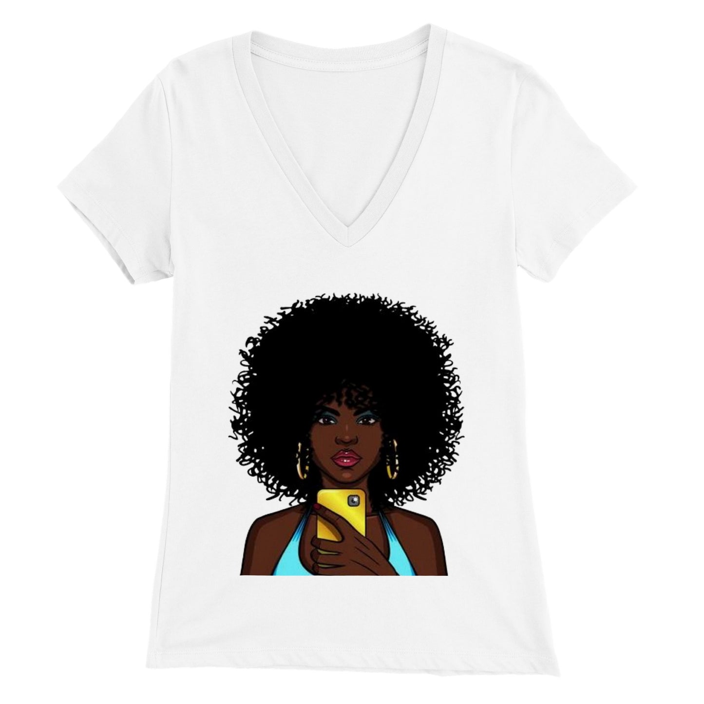 Afro Lady Taking Selfie.  Premium Womens V-Neck T-shirt