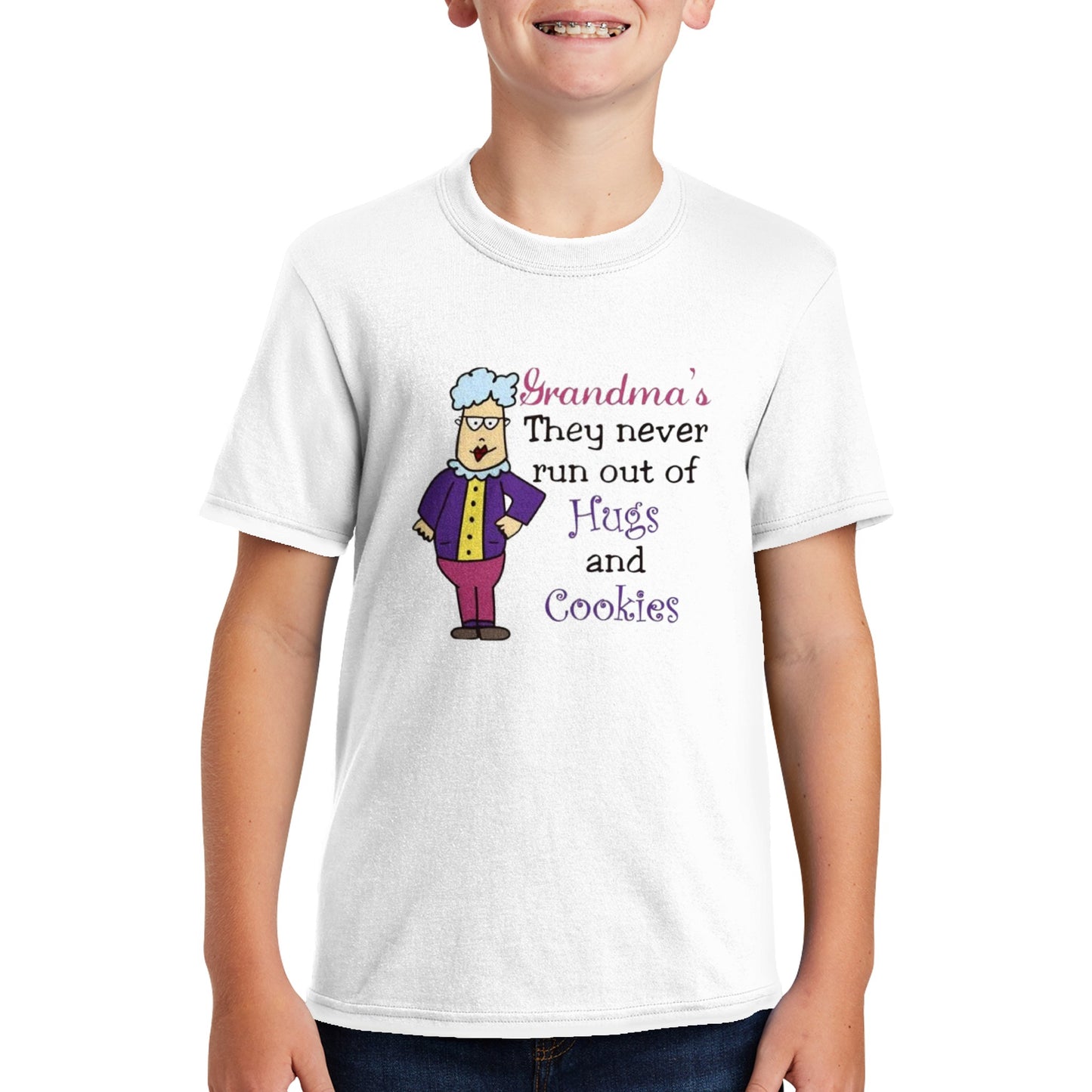 Grandma's They Never Run Out of Hugs Polycotton Kids Crewneck T-shirt